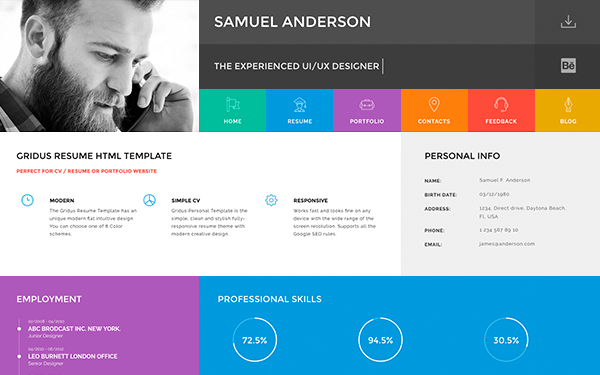 Gridus - vCard / CV Resume / Portfolio  Bootstrap 